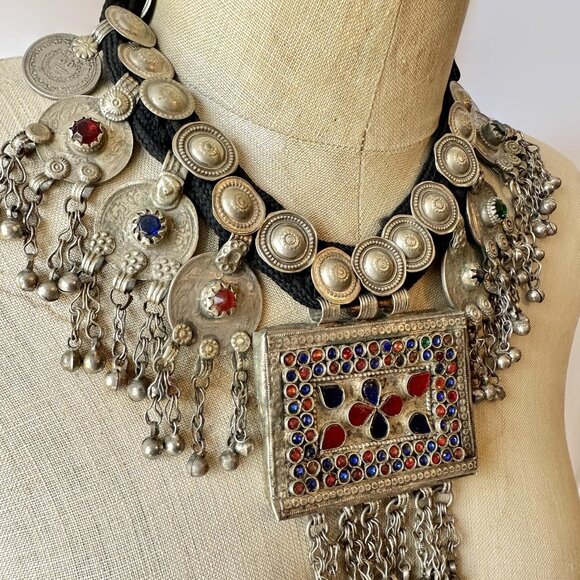 Afghan Necklace, Middle Eastern, Vintage Belly Dance Boho Coins Jewels Statement - Picture 4 of 6